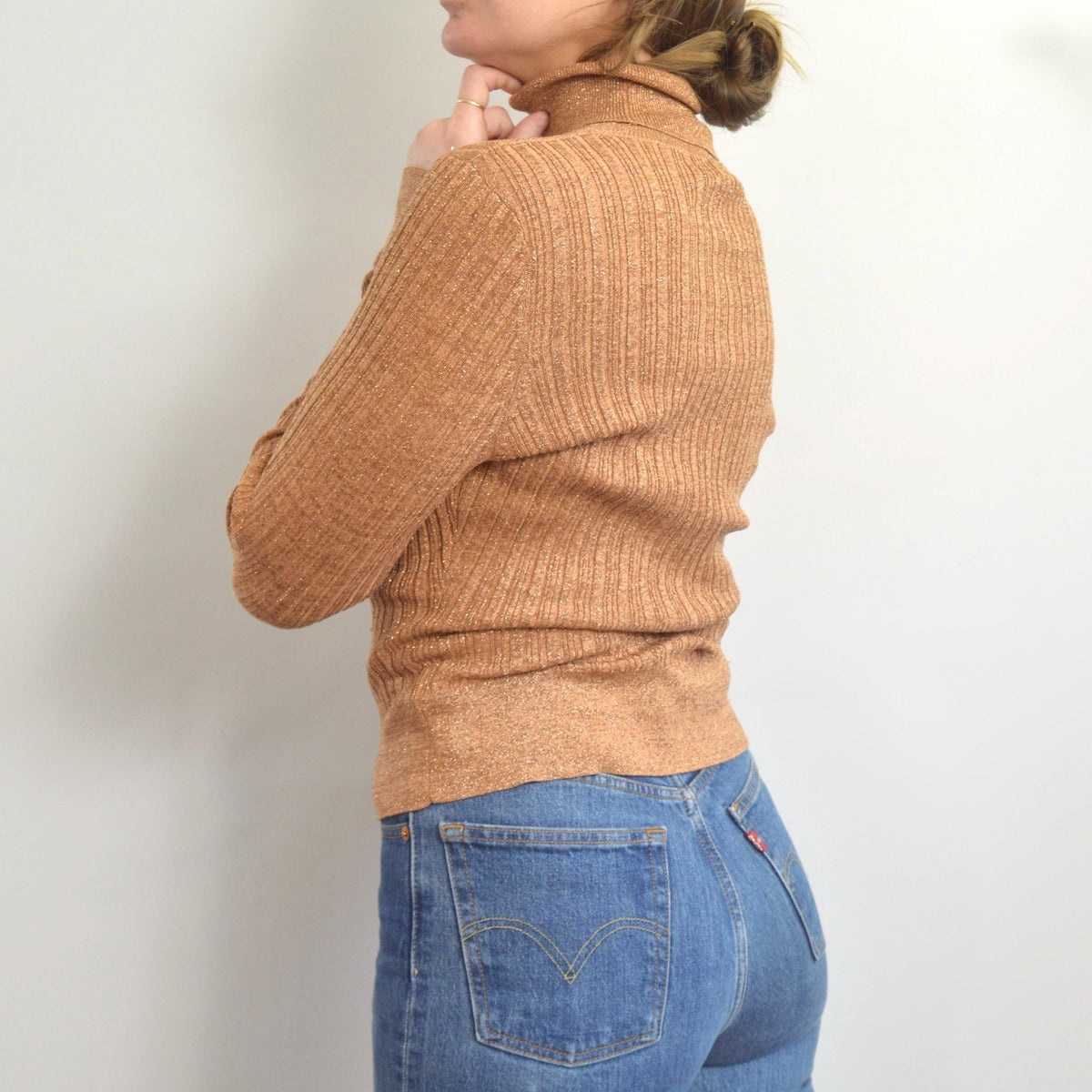 silk blend copper glitter knit turtleneck sweater top