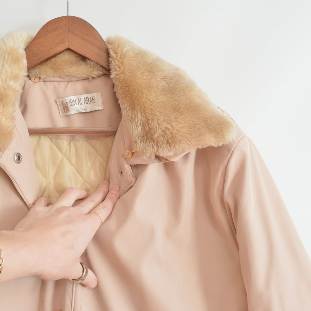 blush and tan cotton blend quilted insulated parka with removable faux fur collar