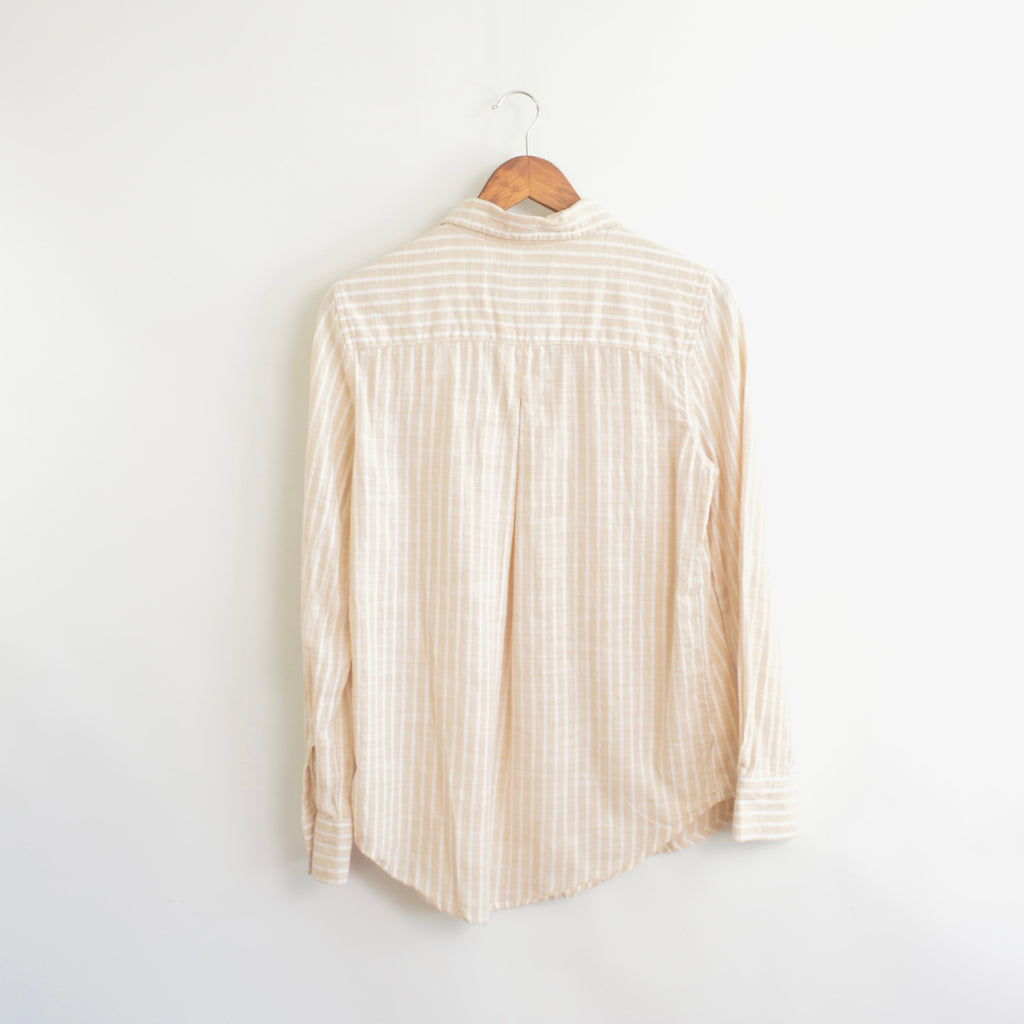 neutral tan and white striped cotton button down