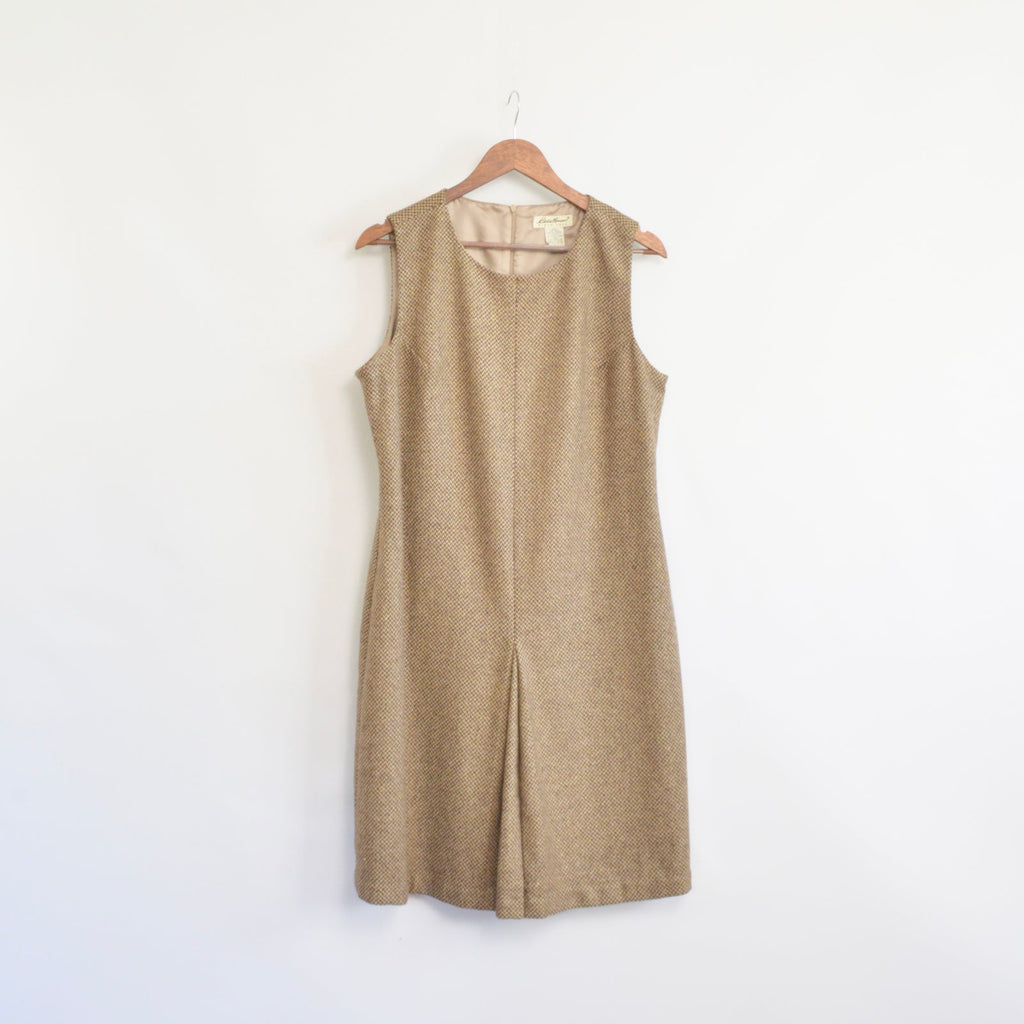brown and tan vintage eddie bauer wool and silk blend sheath dress