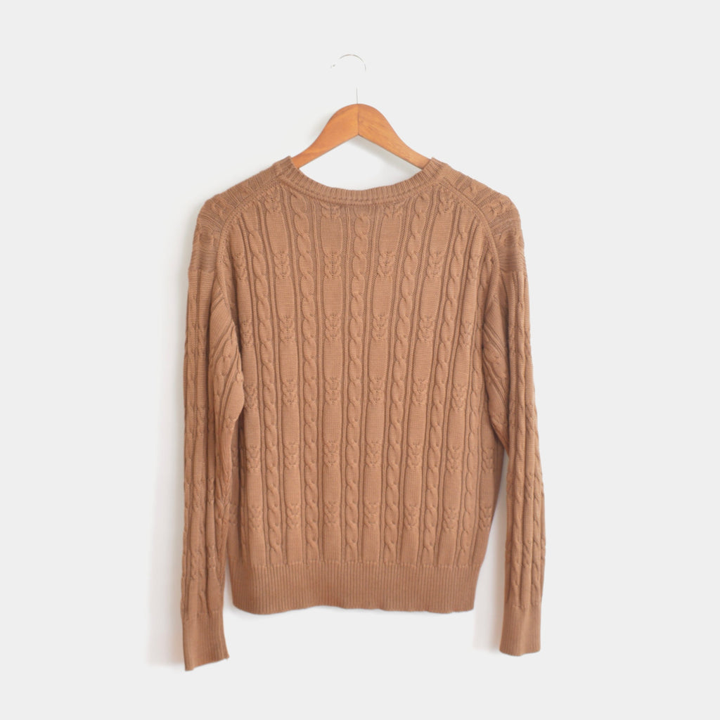 pure silk warm light brown cable knit crew neck sweater