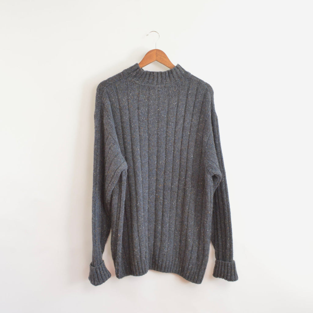 navy speckled ribbed mock neck wool blend sweater