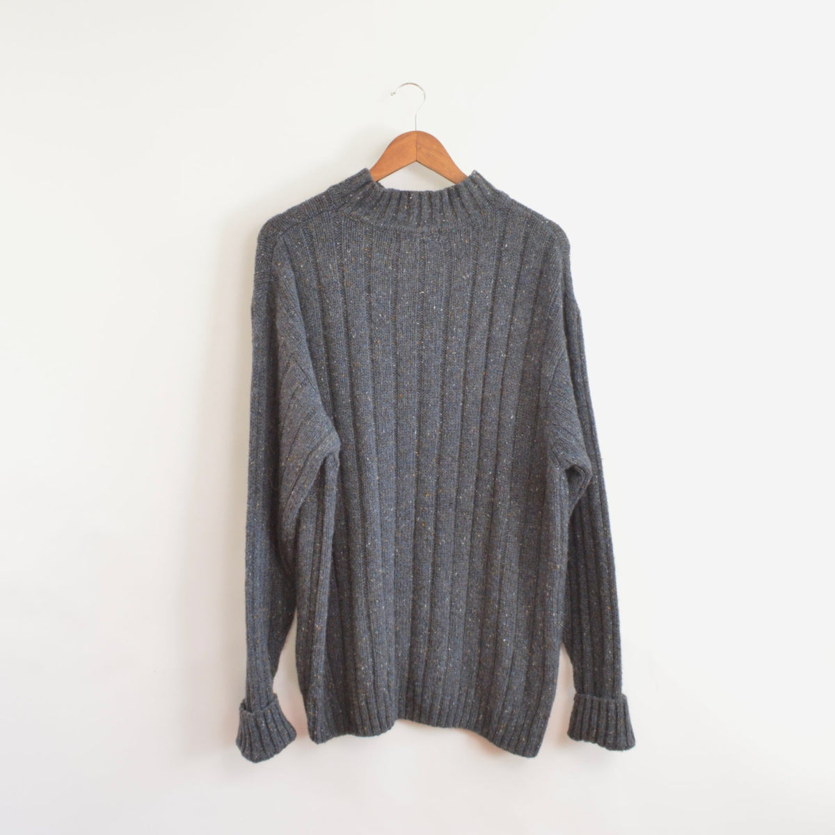 navy speckled ribbed mock neck wool blend sweater
