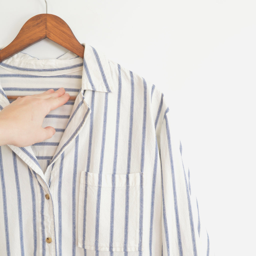 crinky linen blend blue and white striped button down