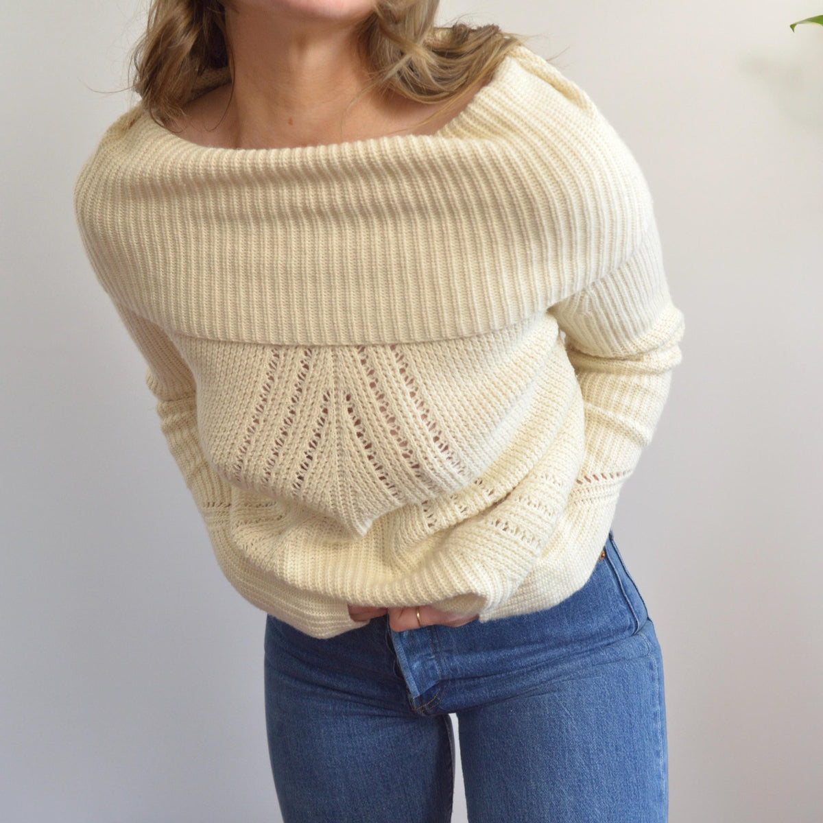 oversized cowl neck crochet ivory sweater