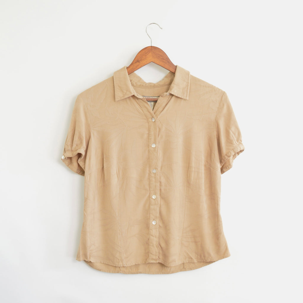 taupe silk blend embossed short sleeve button down