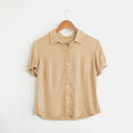 taupe silk blend embossed short sleeve button down