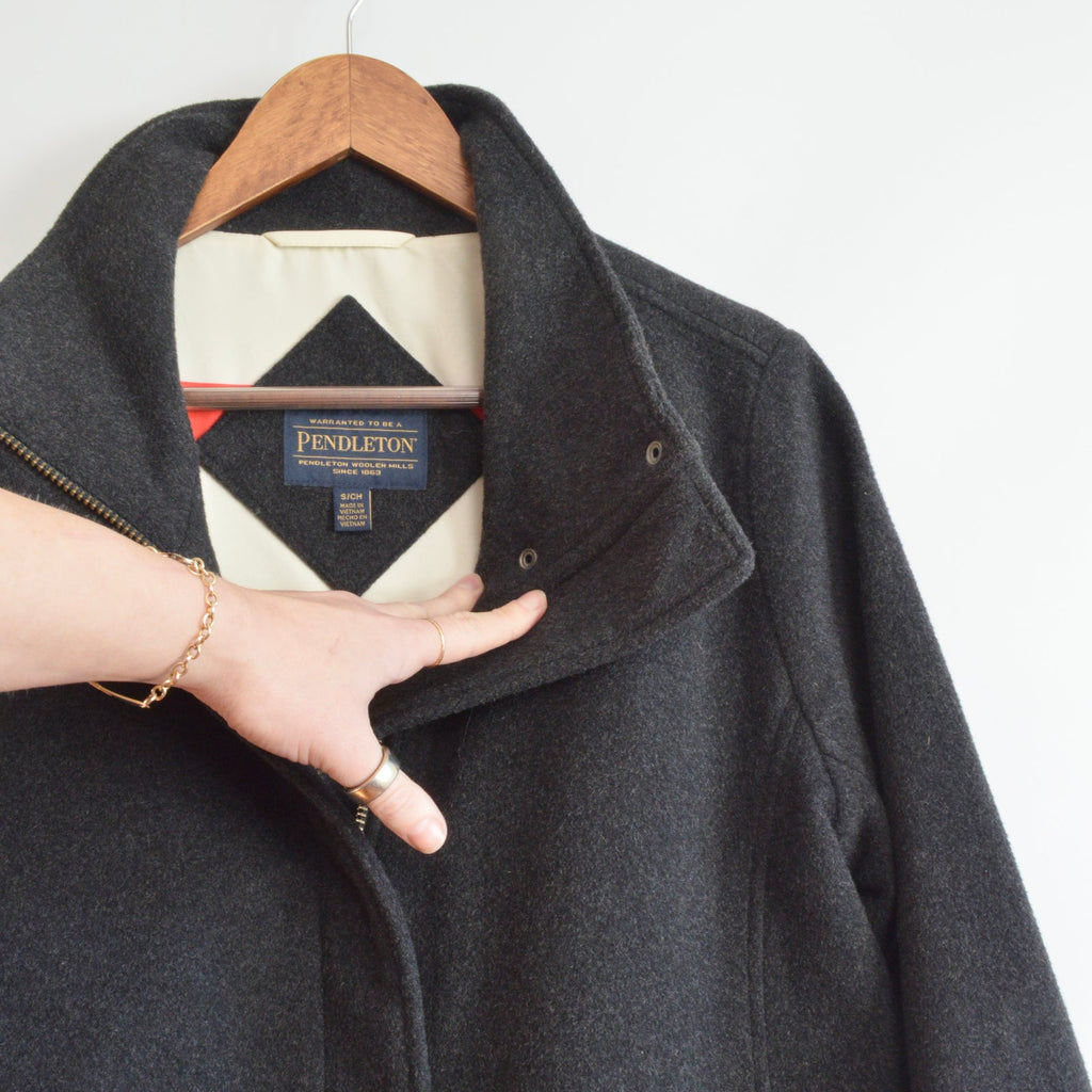 dark charcoal gray vintage pendleton zip up overcoat
