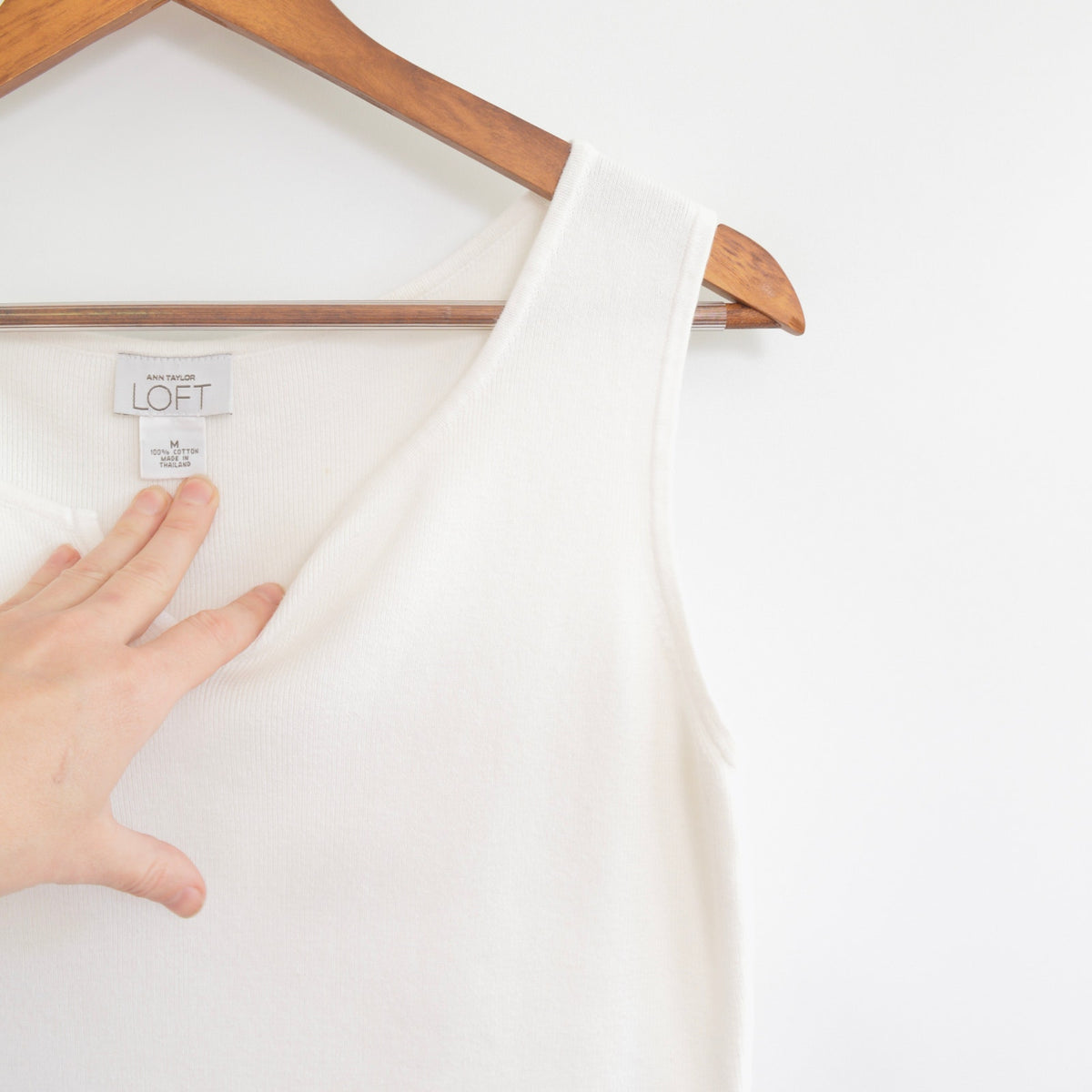 white sweater knit tank with cut out v detail