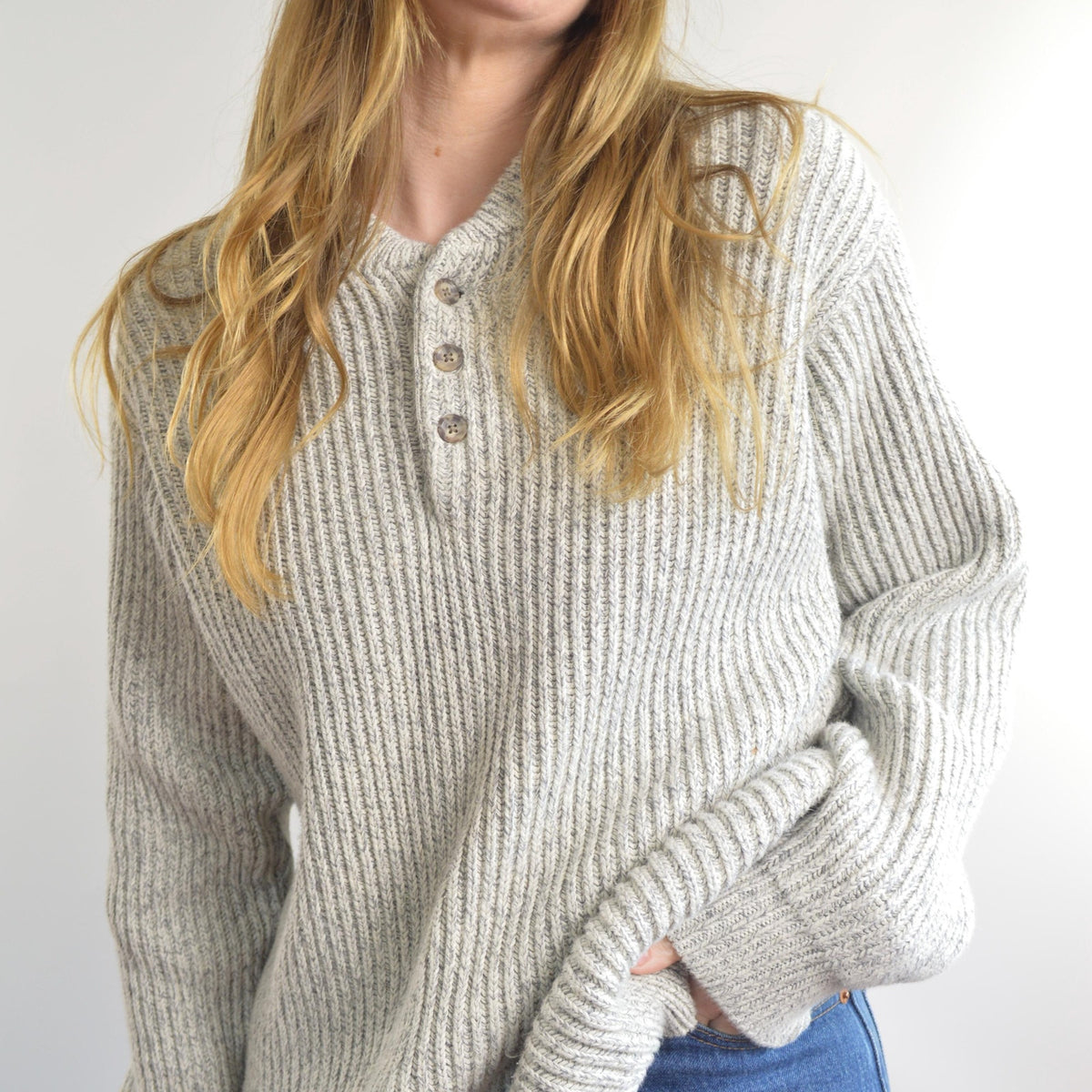 blue and white marled knit cotton quarter button vintage ll bean sweater