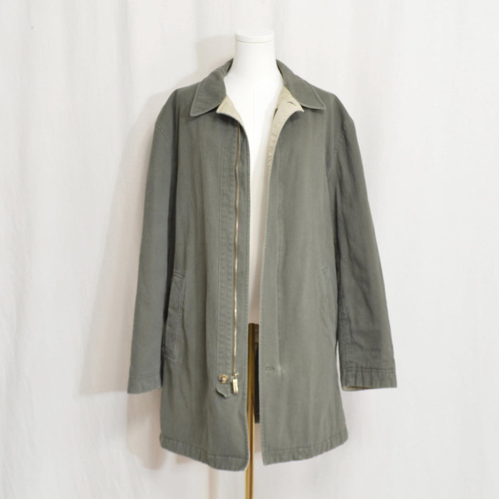 quilted olive green cotton mid length chore coat