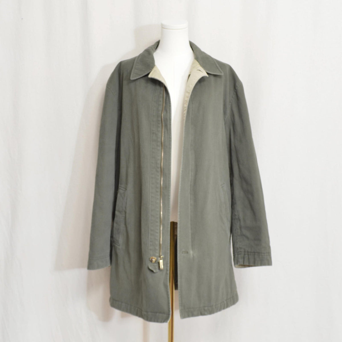 quilted olive green cotton mid length chore coat