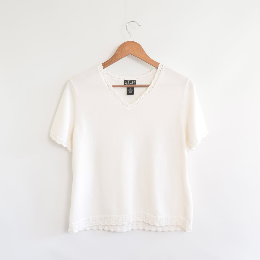 white sweater knit crochet trim pure cotton tee