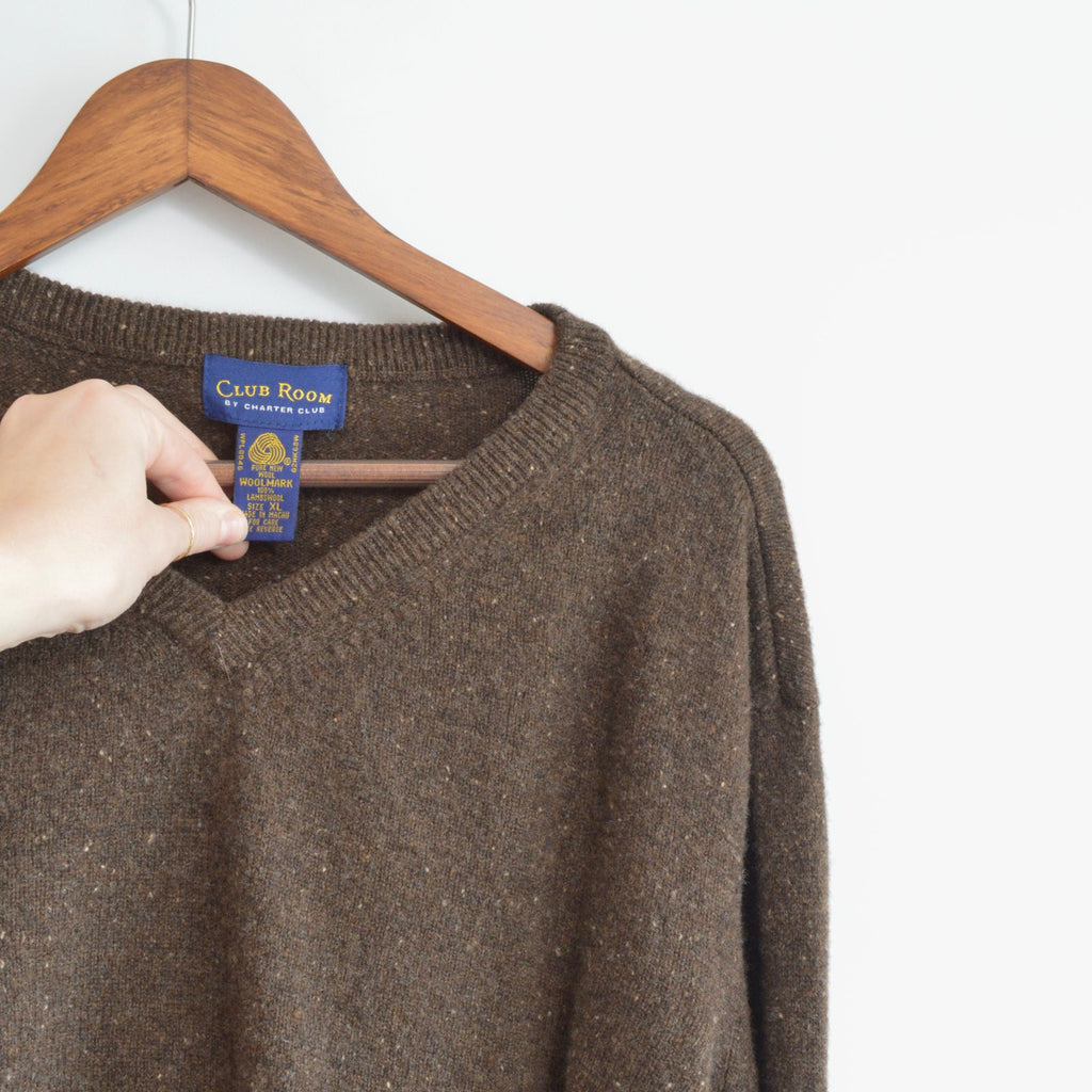 speckled heater brown club room v-neck lambswool sweater
