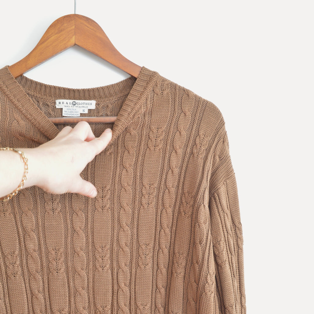 pure silk warm light brown cable knit crew neck sweater