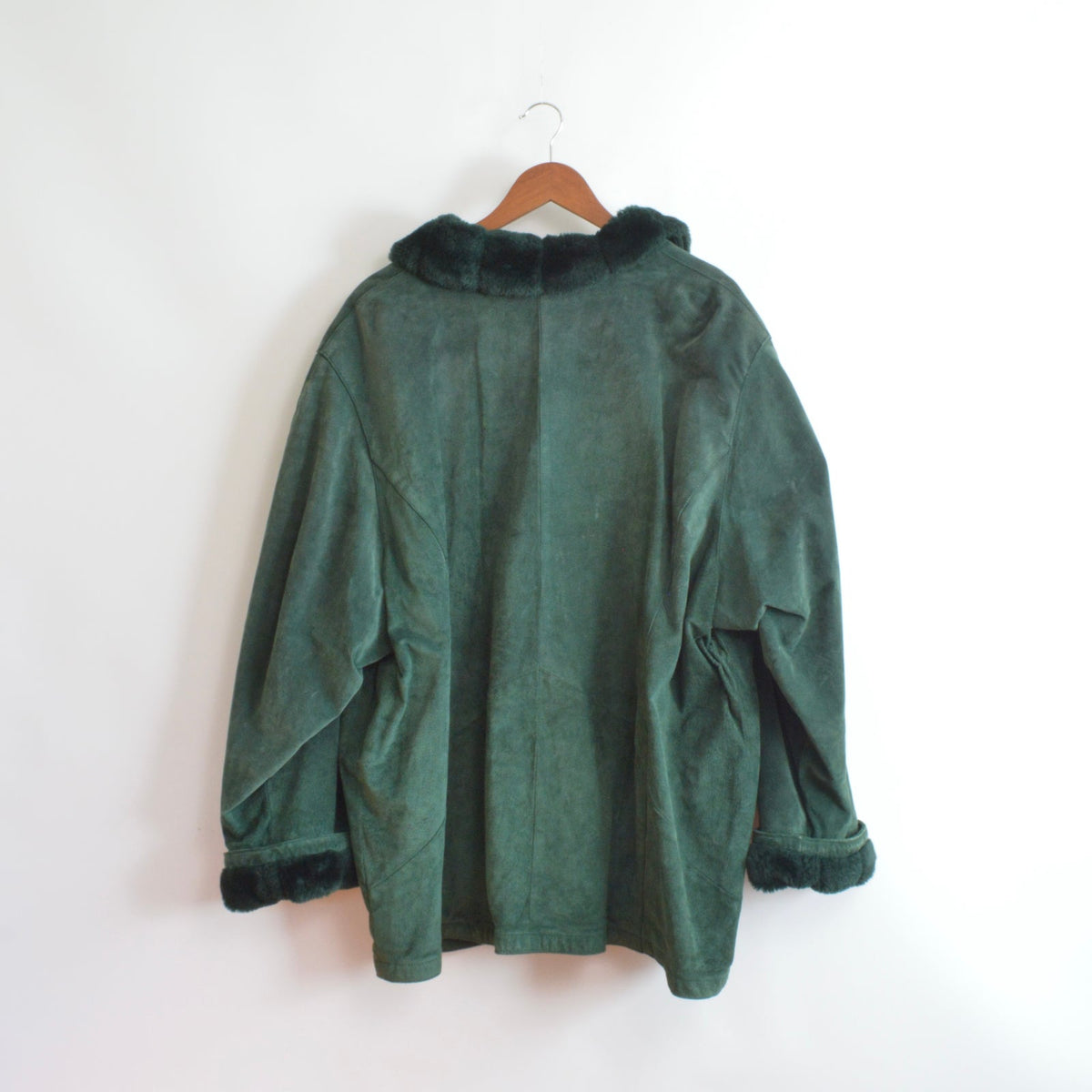 evergreen suede chore coat with sheepskin collar and cuffs