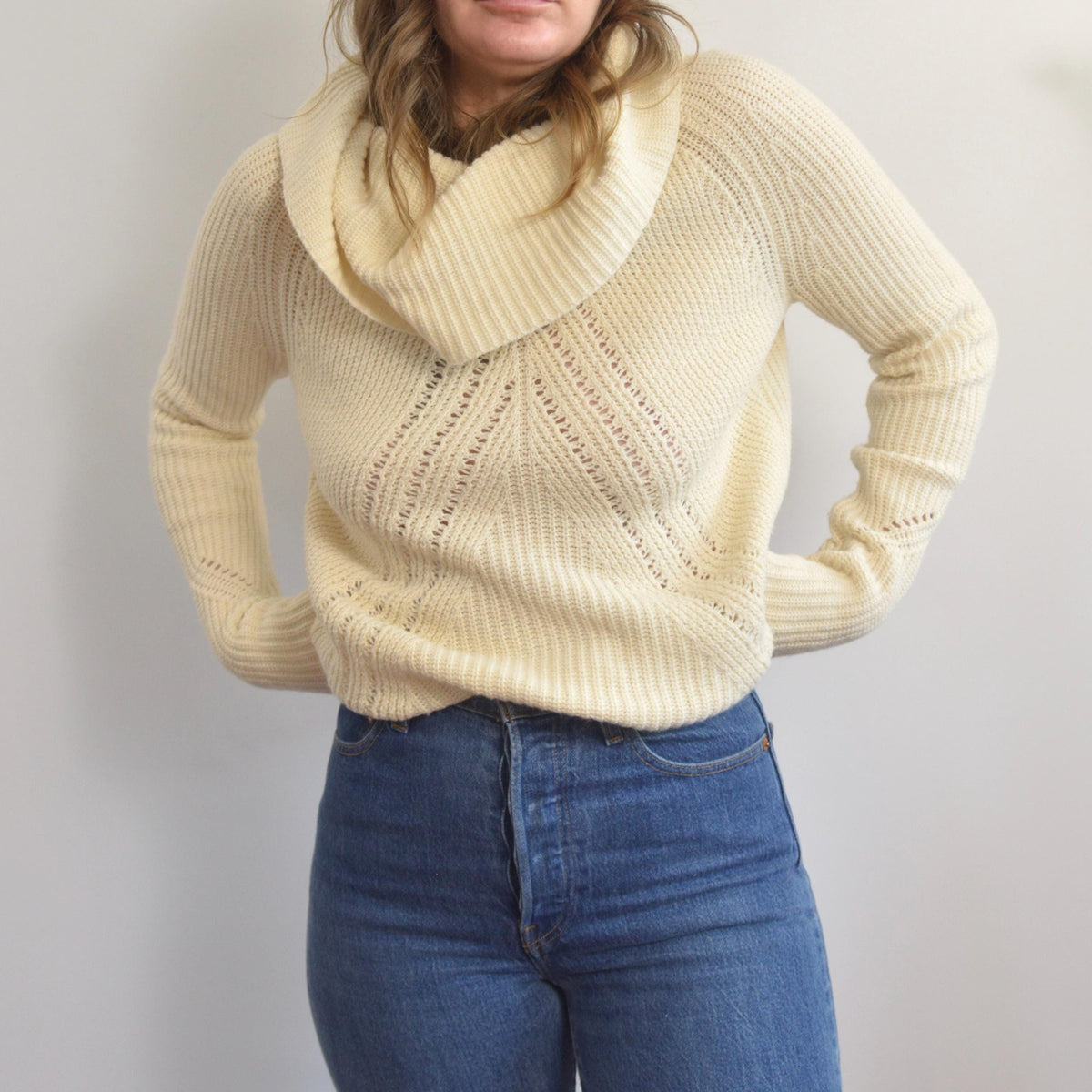 oversized cowl neck crochet ivory sweater