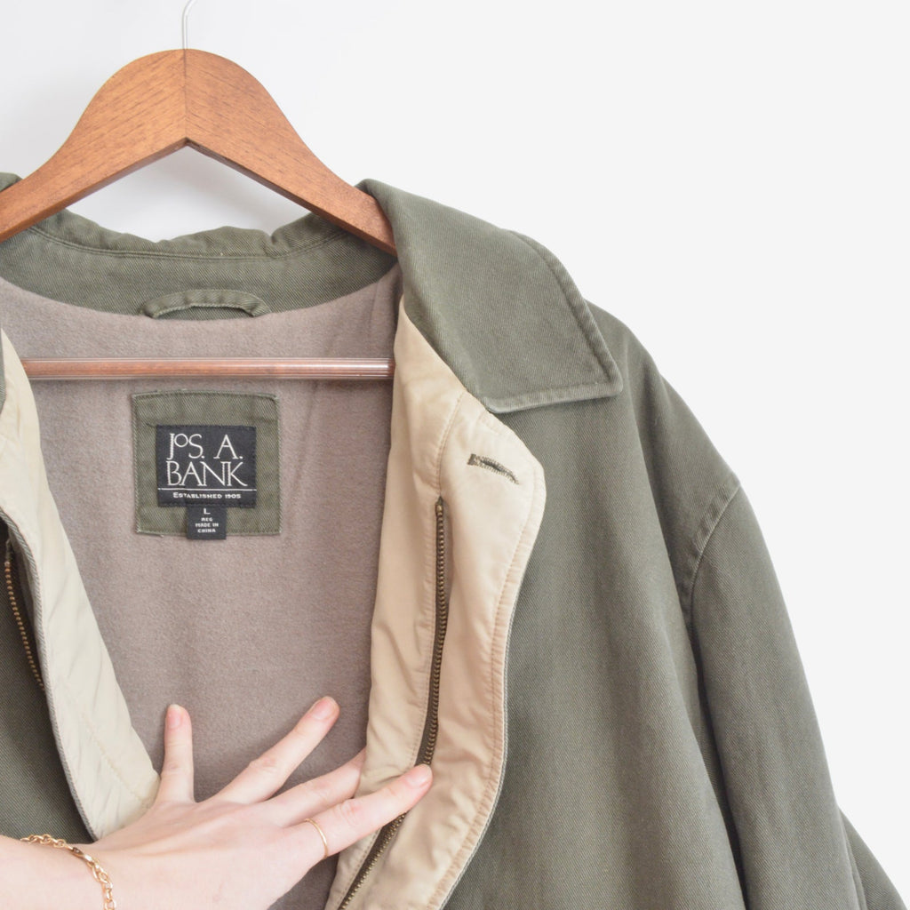 quilted olive green cotton mid length chore coat