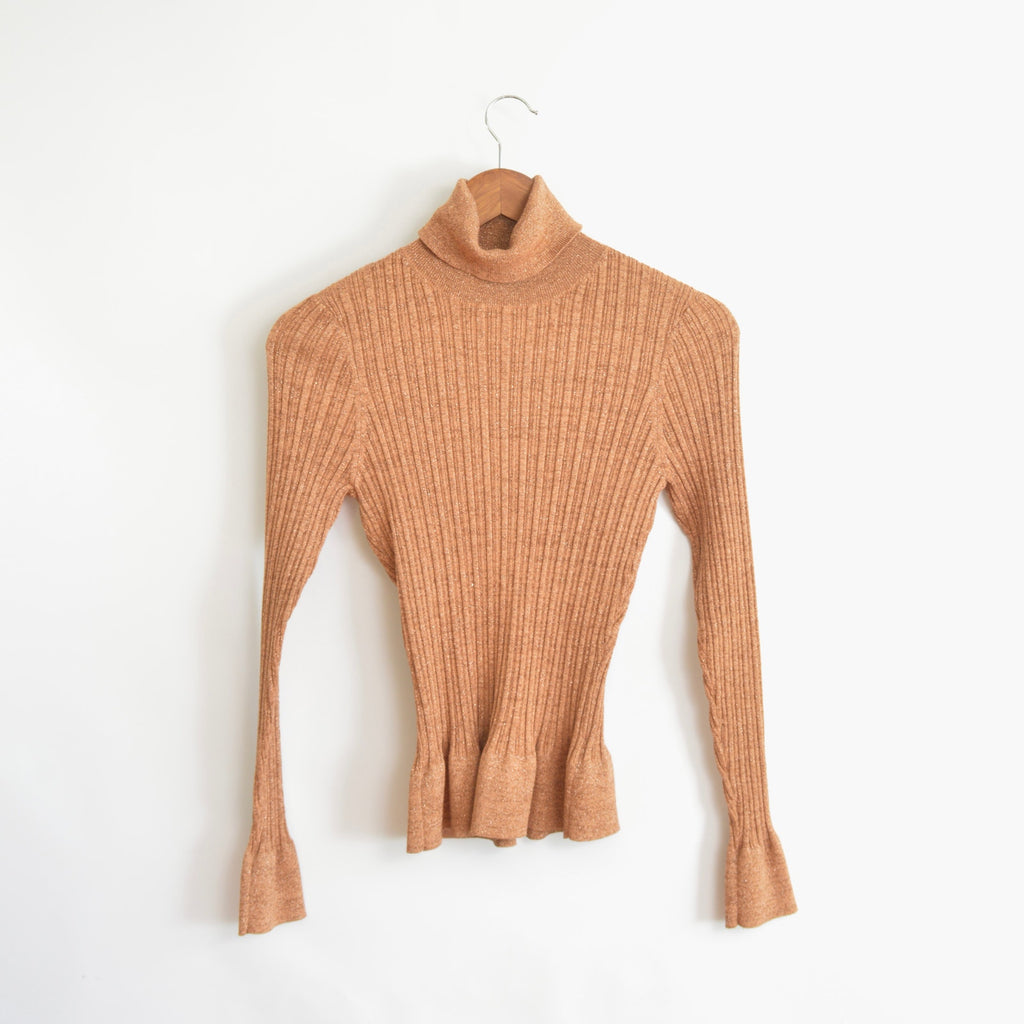 silk blend copper glitter knit turtleneck sweater top