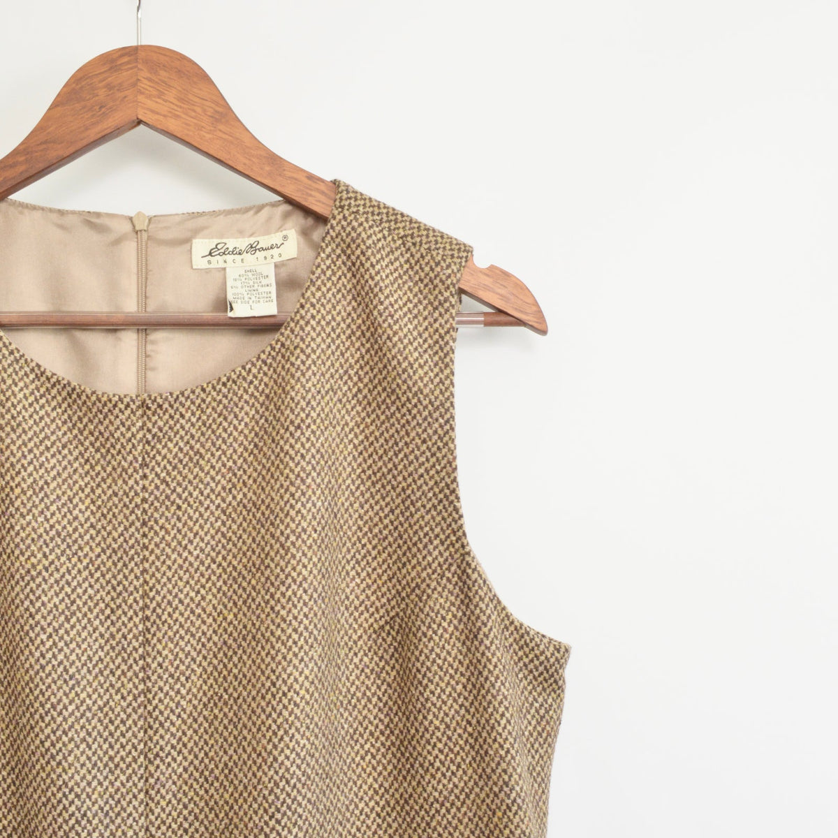 brown and tan vintage eddie bauer wool and silk blend sheath dress