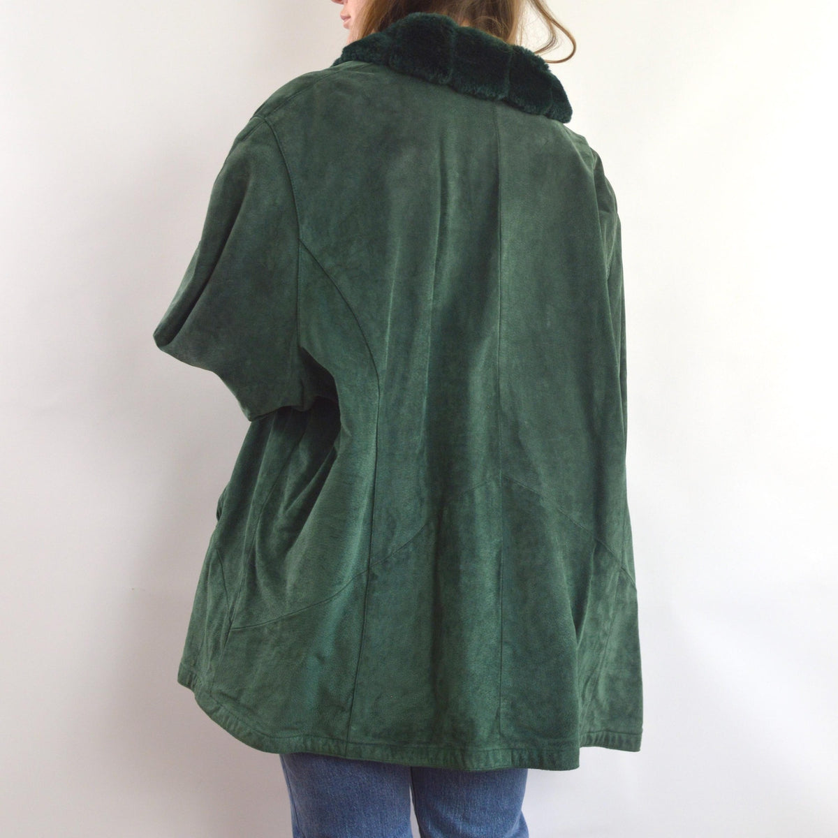 evergreen suede chore coat with sheepskin collar and cuffs