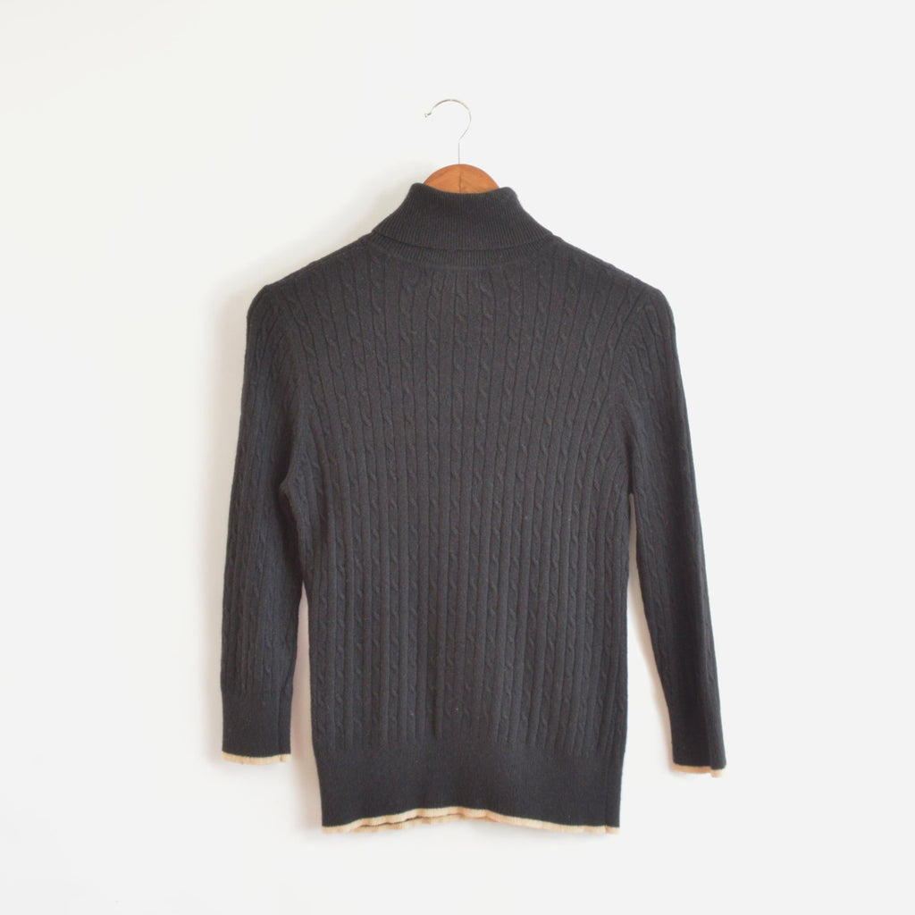 black cable knit cotton/cashmere/angora turtleneck with beige trim