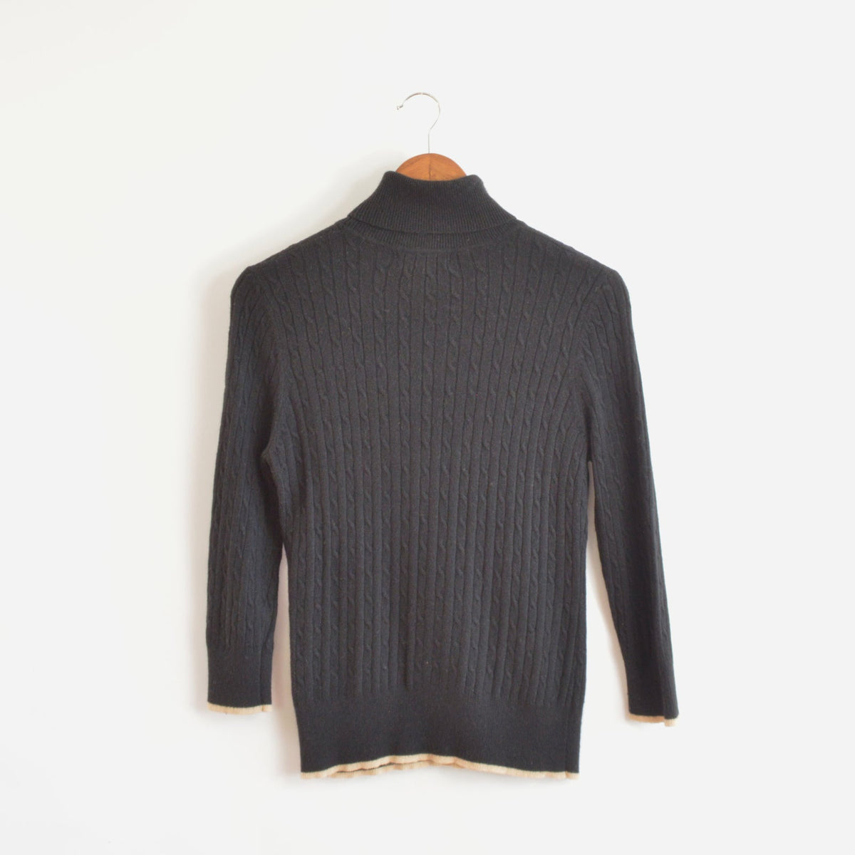 black cable knit cotton/cashmere/angora turtleneck with beige trim