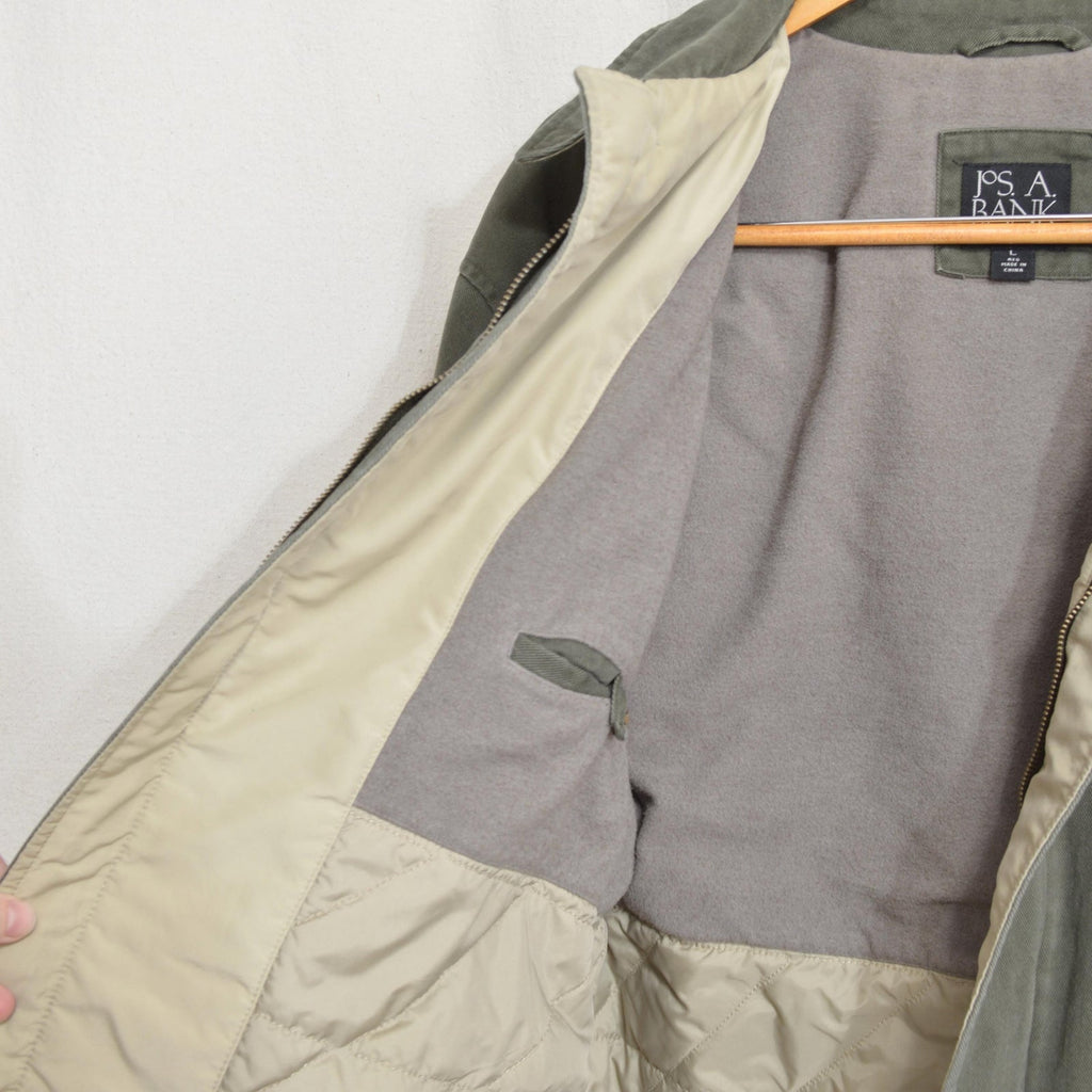 quilted olive green cotton mid length chore coat