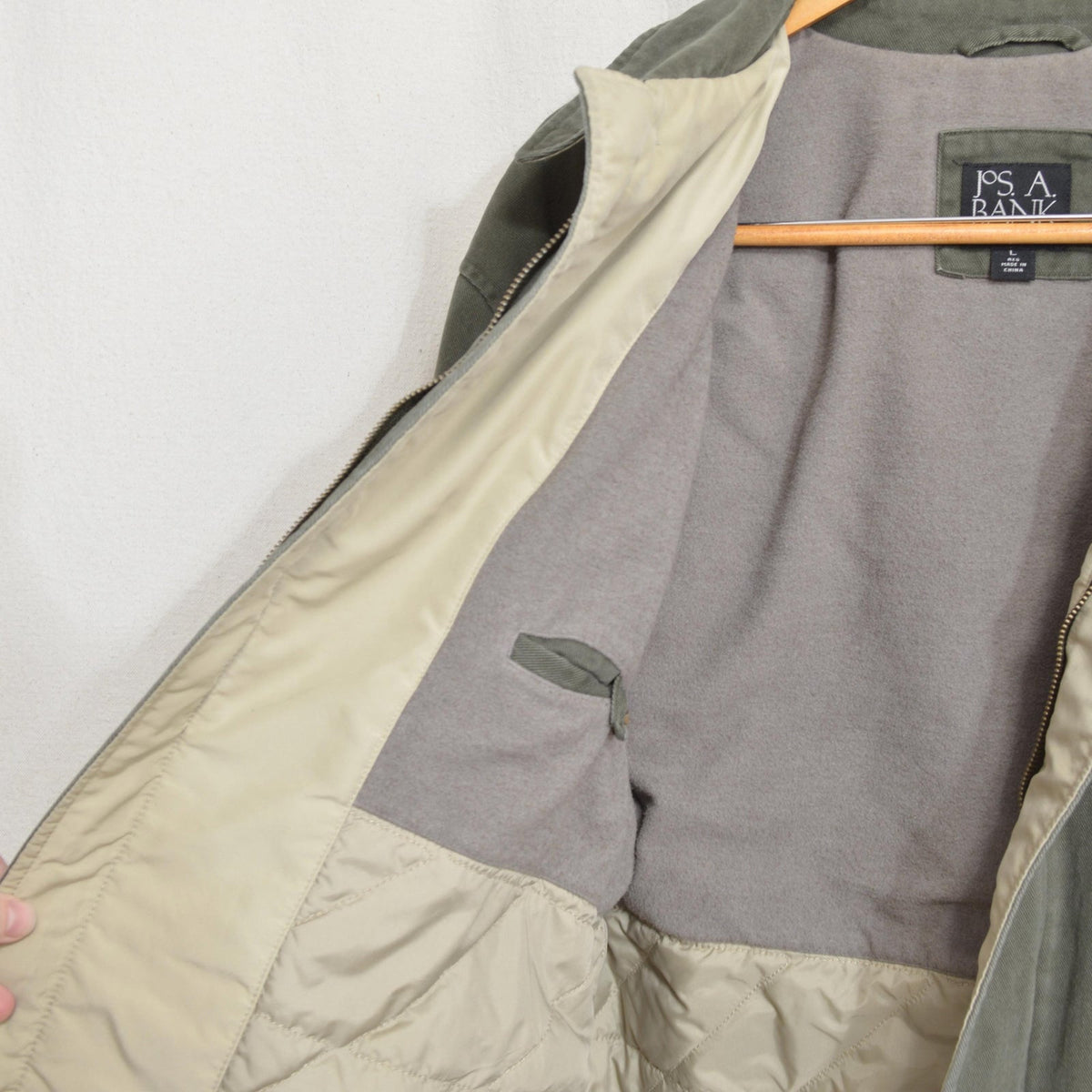 quilted olive green cotton mid length chore coat