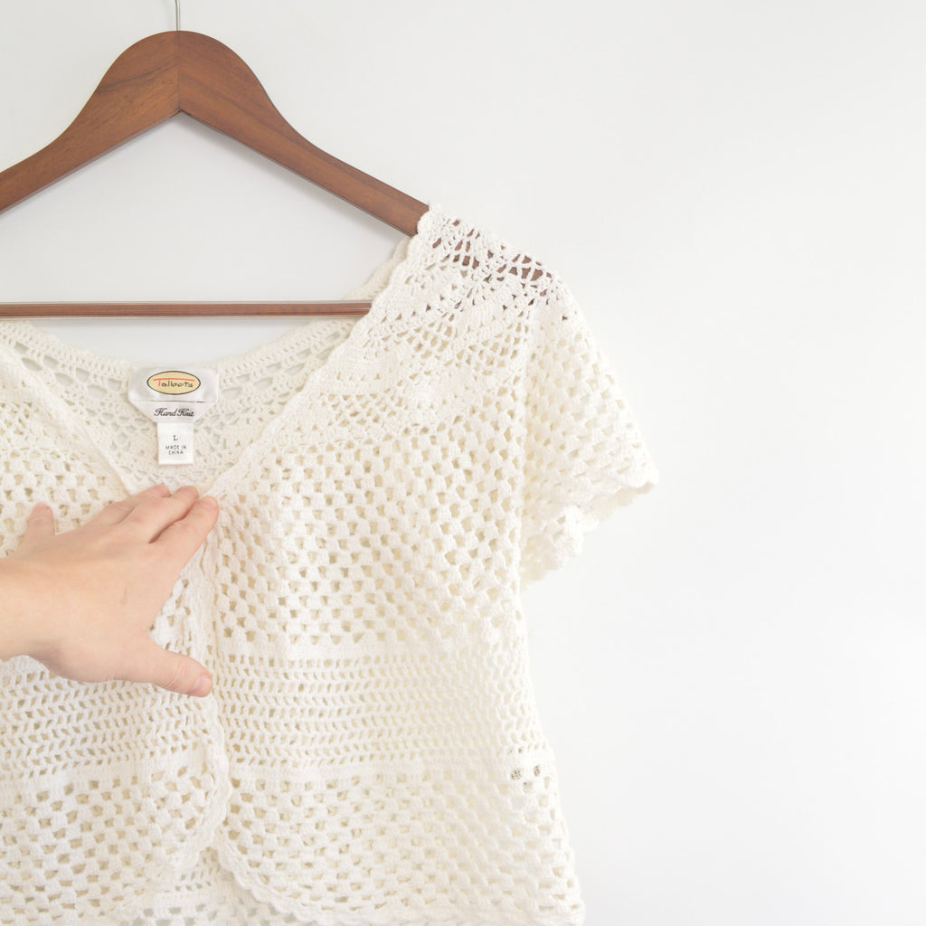 white cotton open knit cropped sweater
