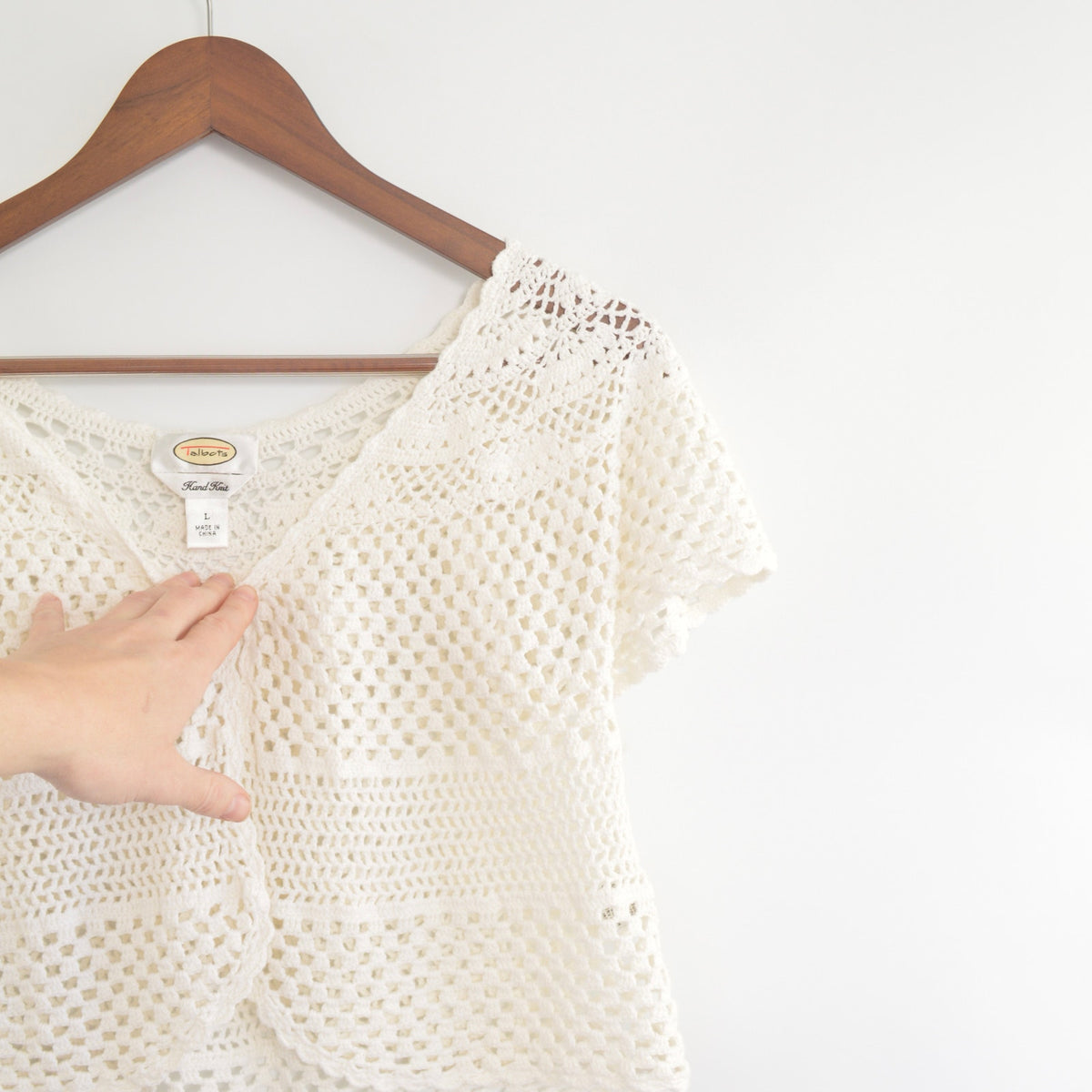 white cotton open knit cropped sweater