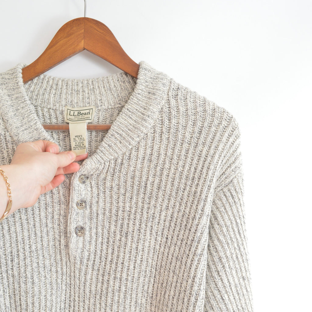 blue and white marled knit cotton quarter button vintage ll bean sweater