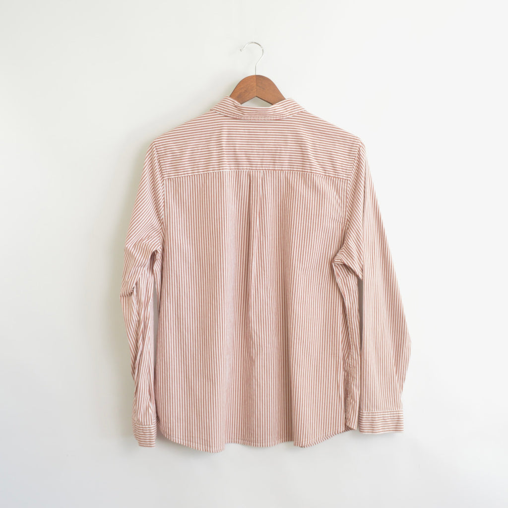 muted red and white striped cotton button down