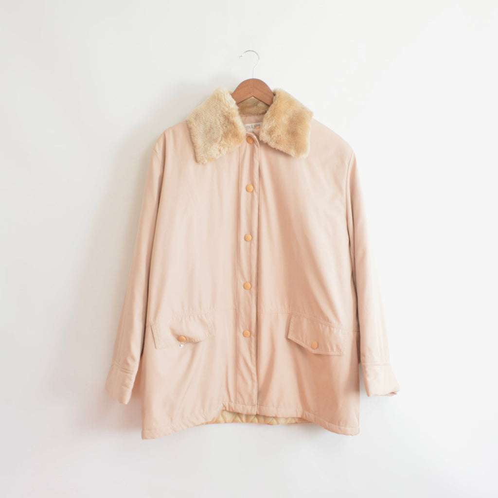 blush and tan cotton blend quilted insulated parka with removable faux fur collar
