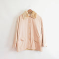 blush and tan cotton blend quilted insulated parka with removable faux fur collar