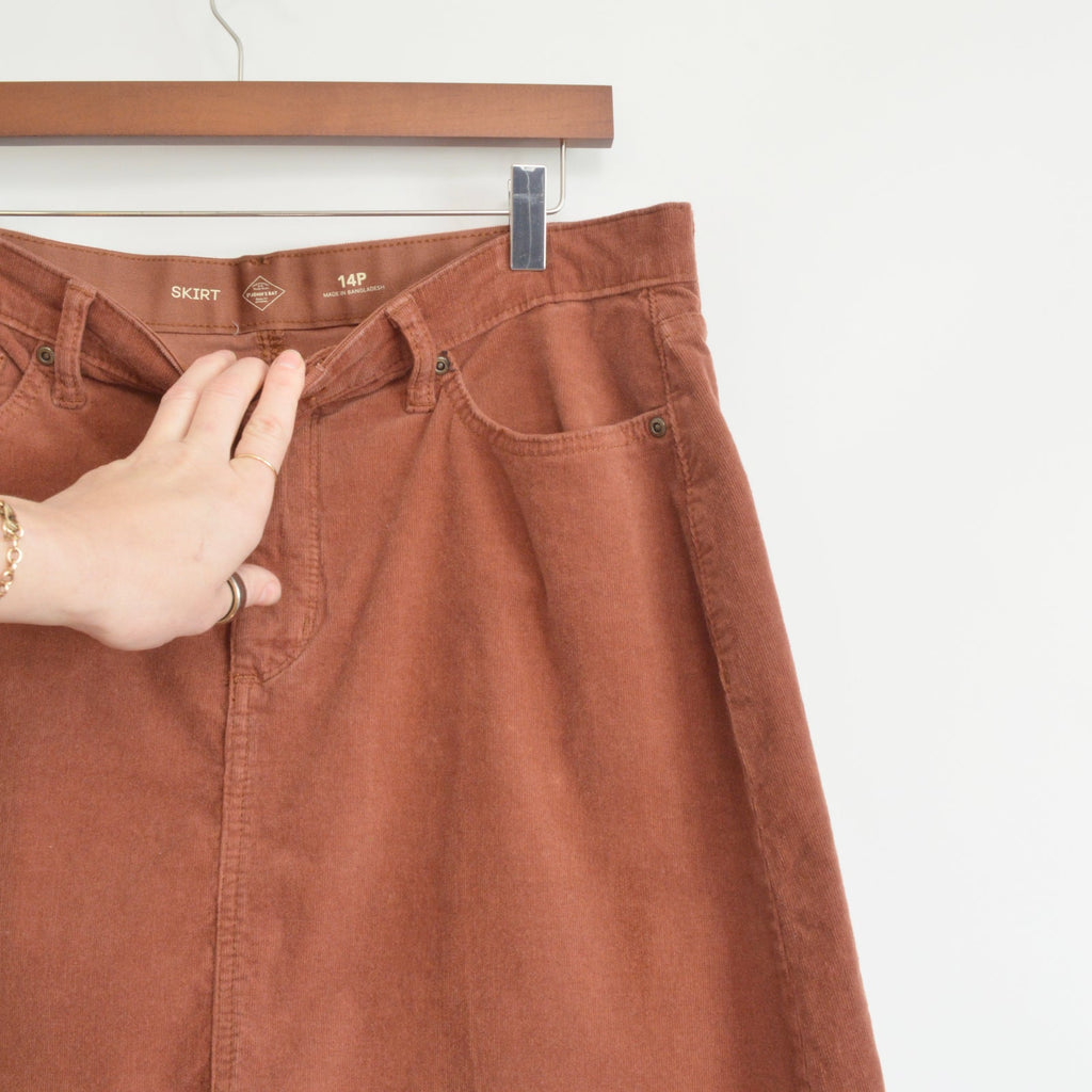 dusty rose knee length corduroy skirt