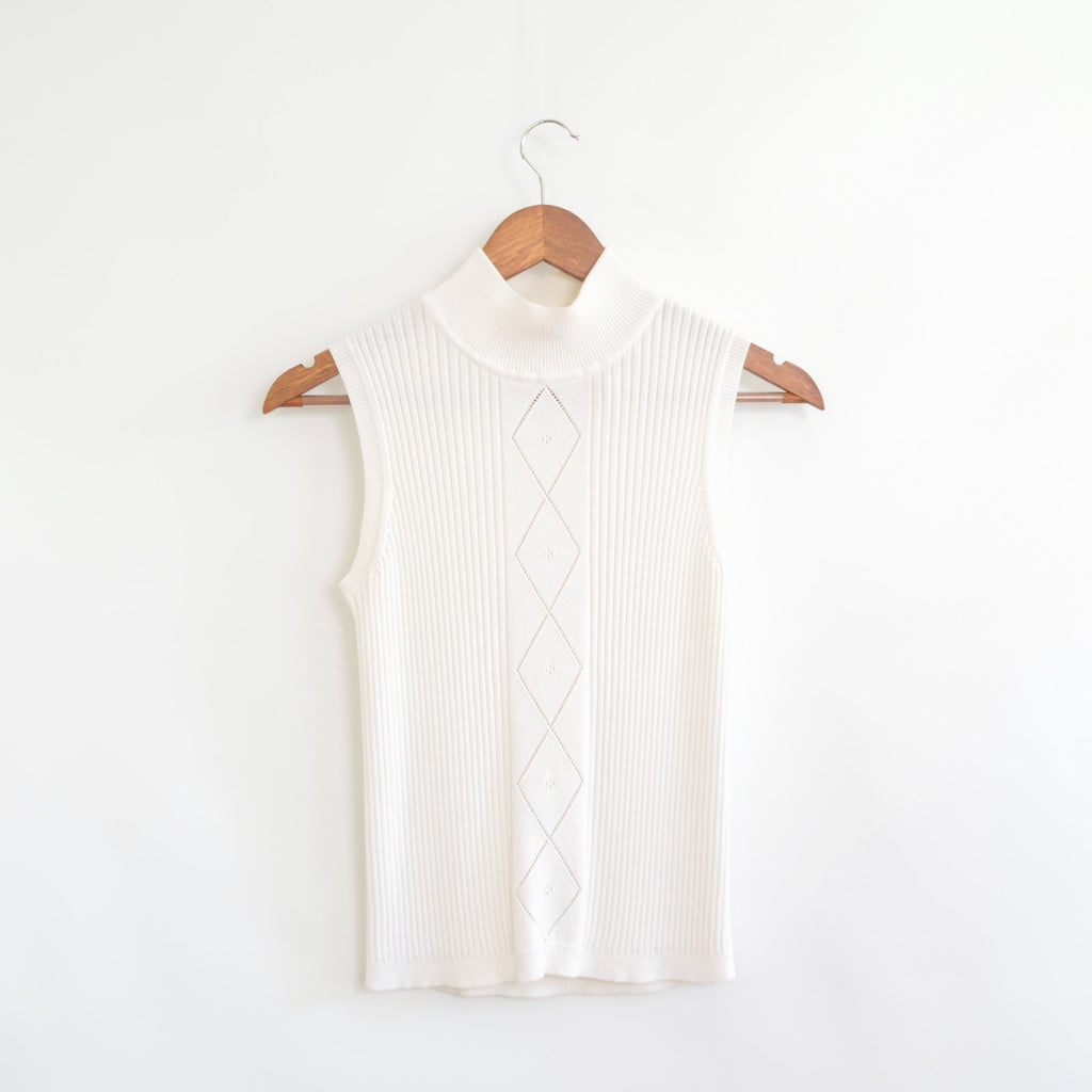 white stag white knit mock neck tank with argyle detail