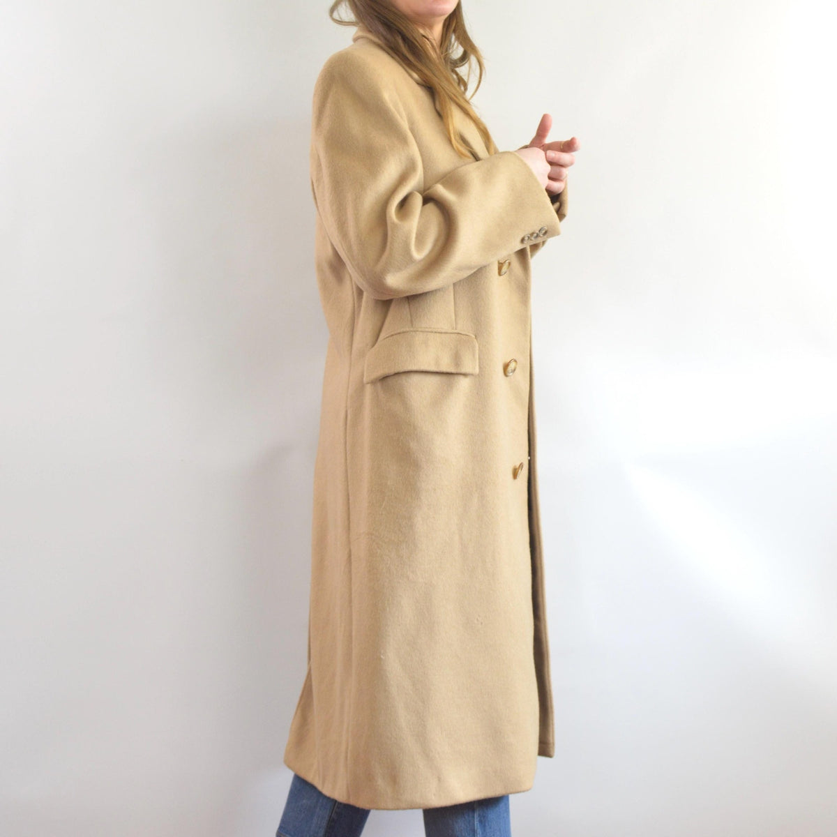 lux camel tan long wool/cashmere blend overcoat