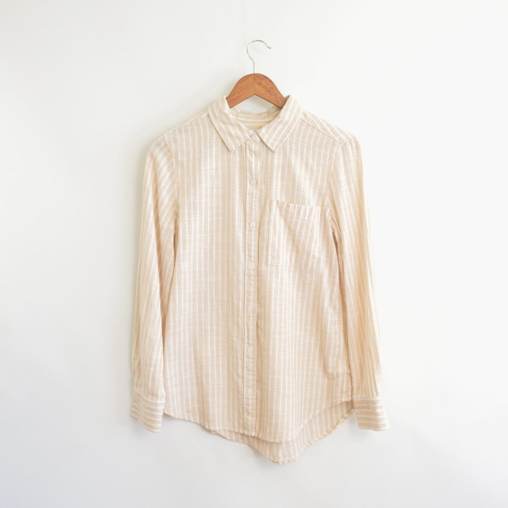 neutral tan and white striped cotton button down