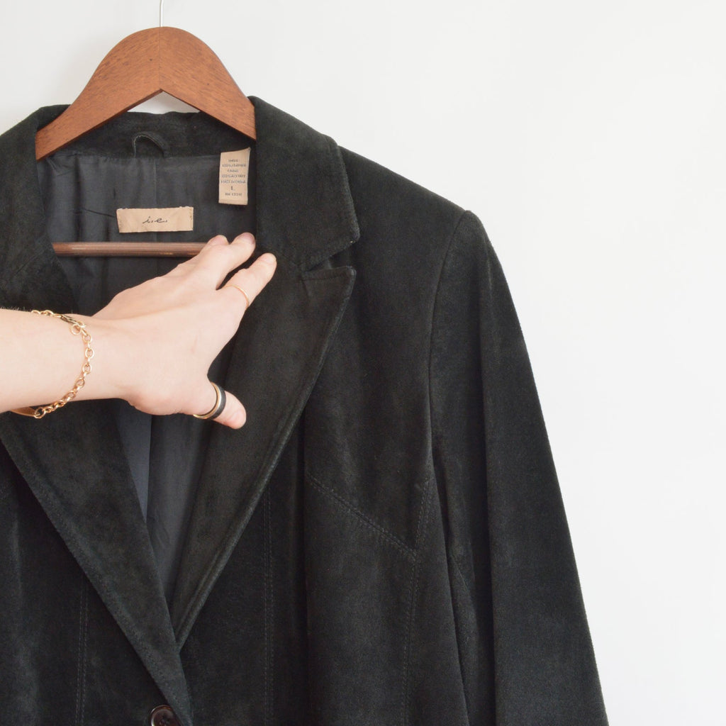 pure suede leather black slightly cropped single button jacket