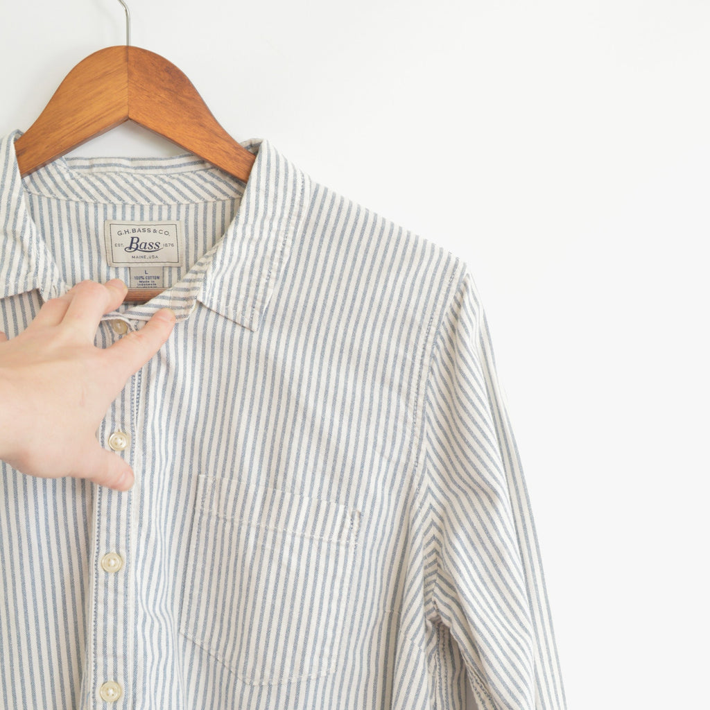 chambray blue and white striped button down