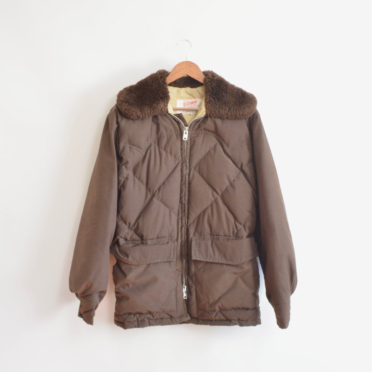 super cool park ranger meets cowboy brown puffer coat with fluffy collar