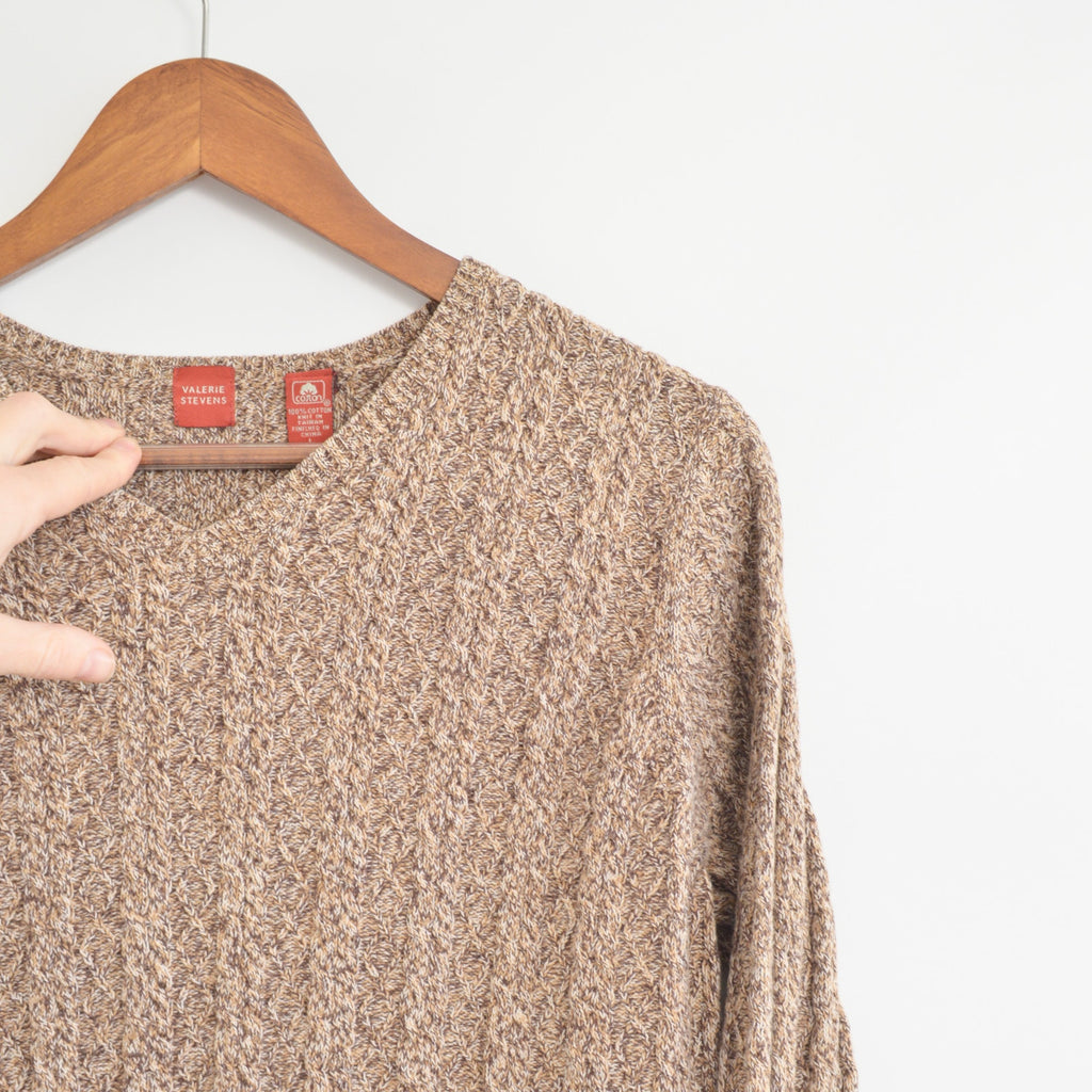 speckled brown and tan v-neck cotton cropped sweater