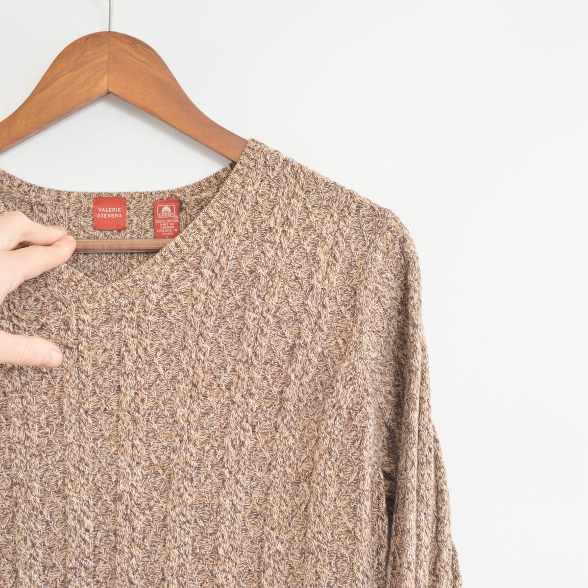 speckled brown and tan v-neck cotton cropped sweater