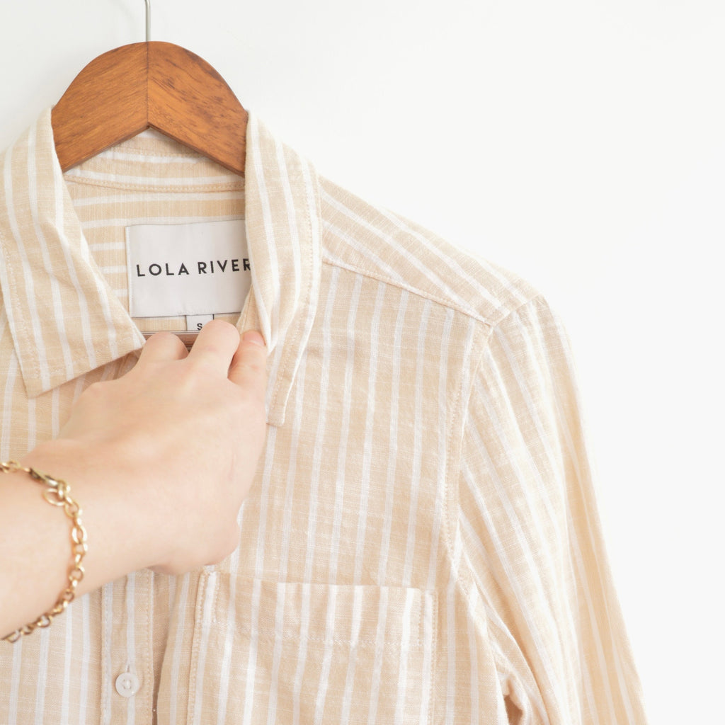 neutral tan and white striped cotton button down