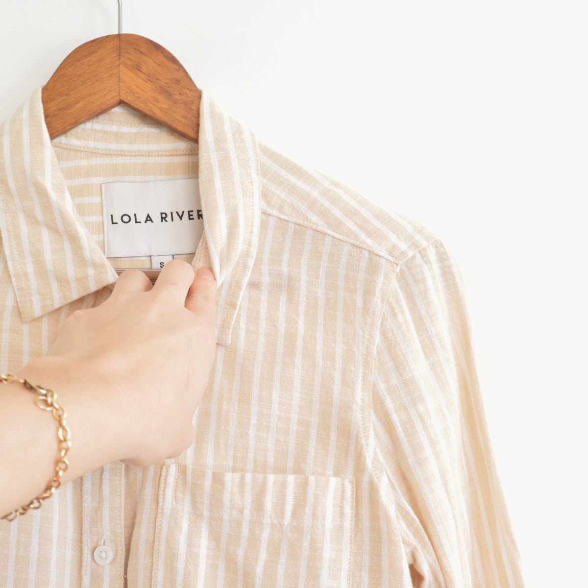 neutral tan and white striped cotton button down