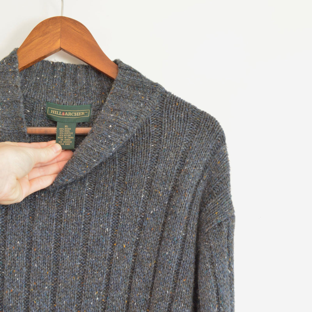 navy speckled ribbed mock neck wool blend sweater