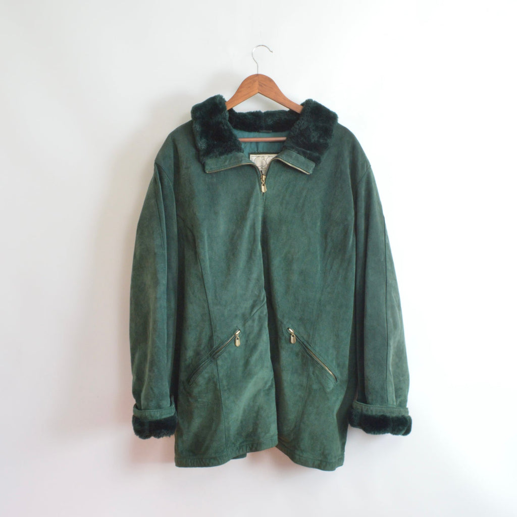 evergreen suede chore coat with sheepskin collar and cuffs