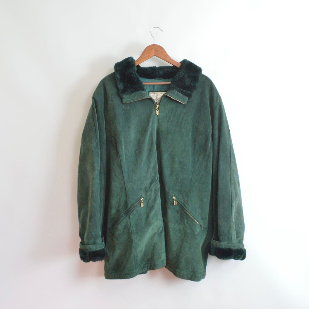evergreen suede chore coat with sheepskin collar and cuffs