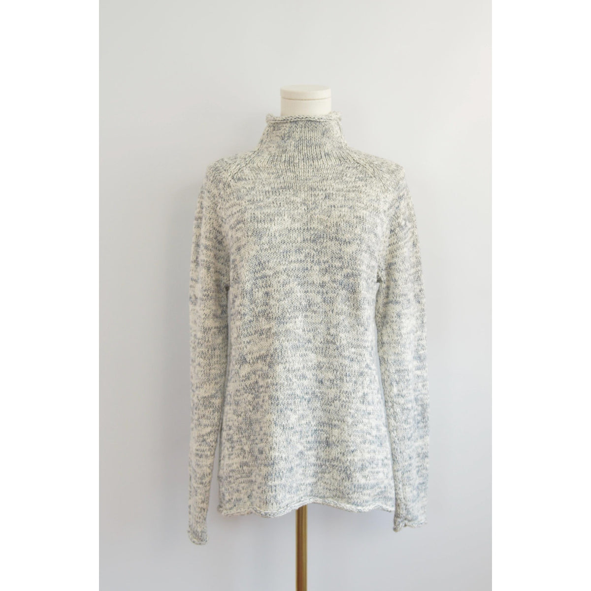 pure cotton blue and white speckled mock neck ll bean sweater